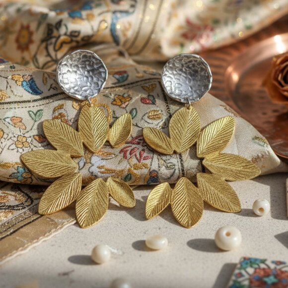 🆕️Turkish Stunning Handmade Artisan 18K Gold Plated Brass Fine Leaf Earrings - Picture 5 of 11